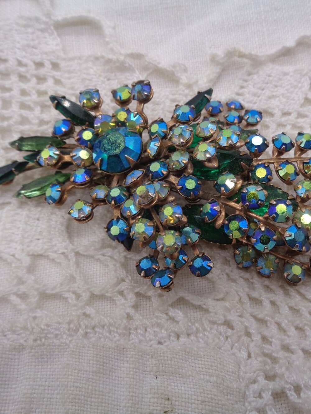 Vintage Green & Blue AB Rhinestone Floral Spray Brooch
